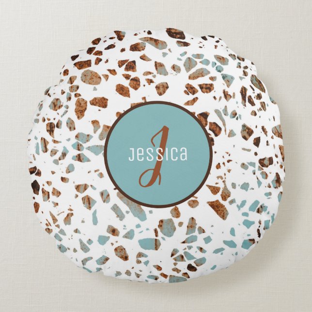 Gepersonaliseerd Abstract Terrazzo Brown & Blue Pa Rond Kussen (Voorkant)