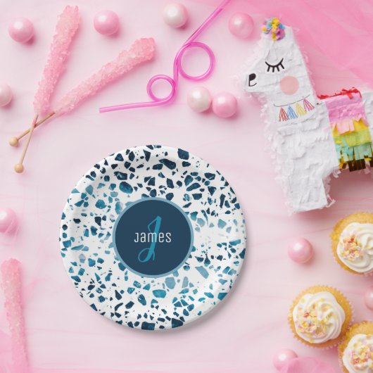 Gepersonaliseerd Abstract "Terrazzo Mosaic Blue Pa Papieren Bordje (Feest)