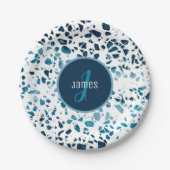 Gepersonaliseerd Abstract "Terrazzo Mosaic Blue Pa Papieren Bordje (Voorkant)