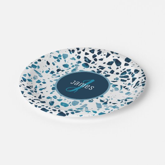 Gepersonaliseerd Abstract "Terrazzo Mosaic Blue Pa Papieren Bordje (Gekanteld)