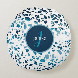 Gepersonaliseerd Abstract "Terrazzo Mosaic Blue Pa Rond Kussen