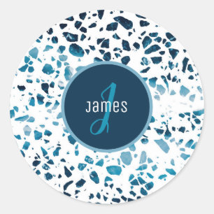 Gepersonaliseerd Abstract "Terrazzo Mosaic Blue Pa Ronde Sticker