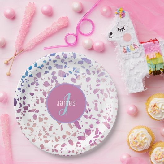 Gepersonaliseerd Abstract Terrazzo Pink & Blue Pat Papieren Bordje (Feest)