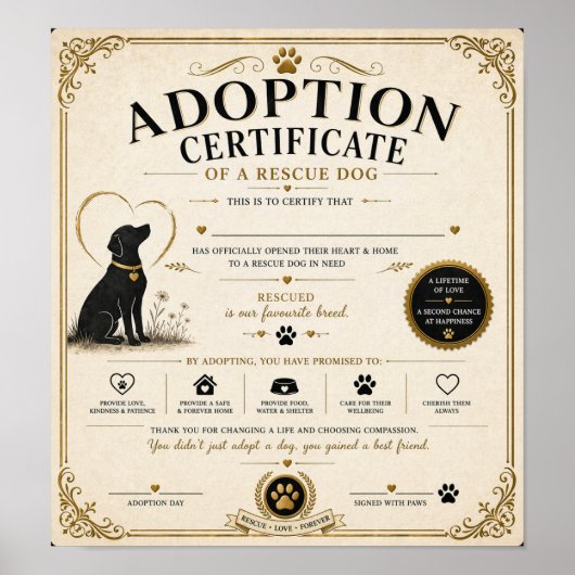 Gepersonaliseerd Adoptiecertificaat Reddingshond Poster (Voorkant)