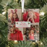 Gepersonaliseerd Afbeelding Collage met Kerstmis Glas Ornament<br><div class="desc">Moderne kerstversiering met foto's met een eenvoudig design met een fotocollage van uw vier favoriete afbeeldingen. Vierkante afbeeldingen werken het beste. In het midden is de groet "Kerst van de groet" samen met jouw naam(s) en het jaar in rood over een witte achtergrond. Dit gepersonaliseerde vakantie-ornament is een geweldig cadeau...</div>