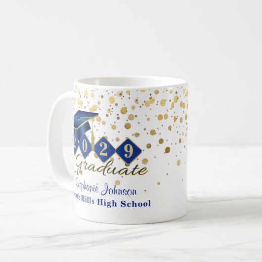 Gepersonaliseerd Afstuderen blauw & goud Koffiemok (Voorkant links)