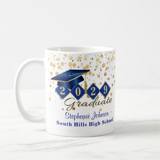 Gepersonaliseerd Afstuderen blauw & goud Koffiemok (Links)