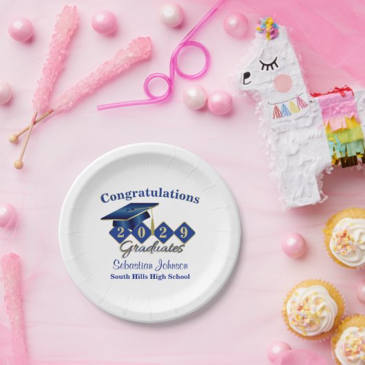 Gepersonaliseerd Afstuderen blauw & goud Papieren Bordje (Feest)