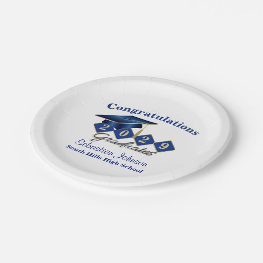 Gepersonaliseerd Afstuderen blauw & goud Papieren Bordje (Gekanteld)