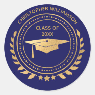 Gepersonaliseerd Afstuderen Goud Blauw Monogram Ronde Sticker