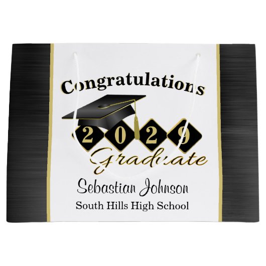 Gepersonaliseerd Afstuderen zwart & goud Groot Cadeauzakje (Voorkant)