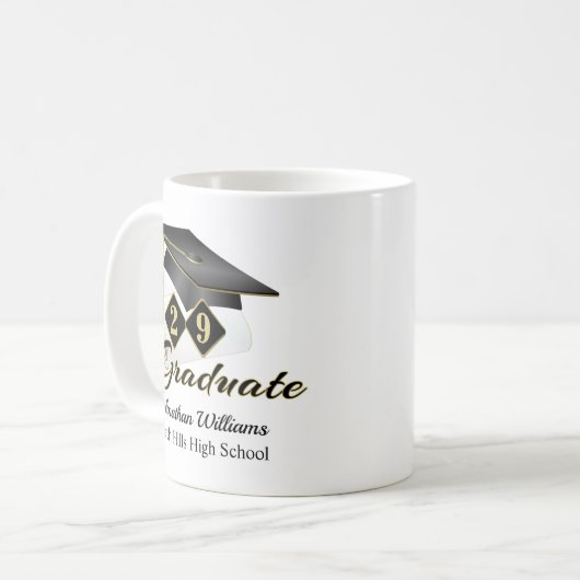 Gepersonaliseerd Afstuderen zwart & goud Koffiemok (Voorkant links)