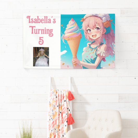 Gepersonaliseerd  Anime Ice Cream Verjaardagsfeest Spandoek (Insitu)