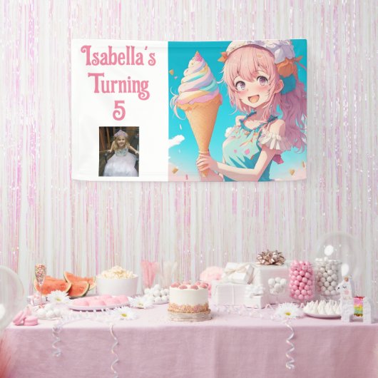 Gepersonaliseerd  Anime Ice Cream Verjaardagsfeest Spandoek (Feest)