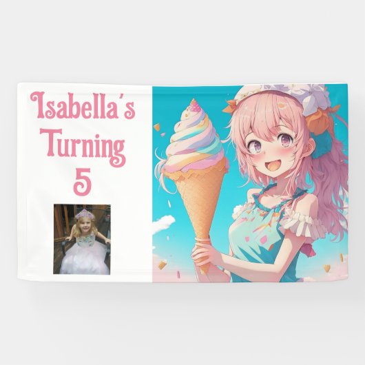 Gepersonaliseerd  Anime Ice Cream Verjaardagsfeest Spandoek (Horizontaal)