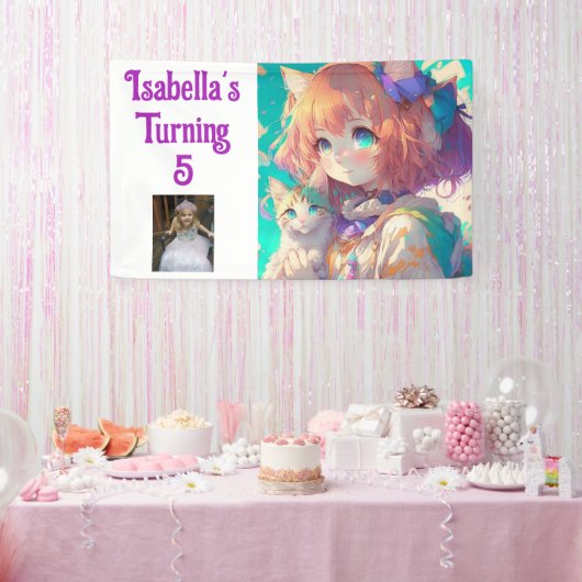 Gepersonaliseerd  Anime Meisje met Kitten Spandoek (Feest)