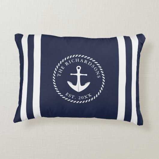 Gepersonaliseerd anker en strepen Navy Blue Accent Kussen (Achterkant)