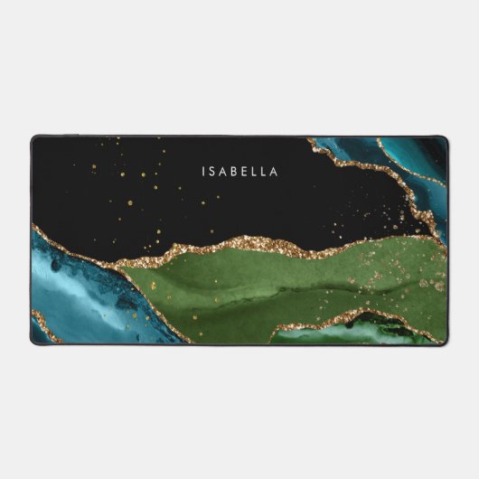 Gepersonaliseerd Aqua/Groen Agate met Gold Glitter Bureaumat (Voorkant)