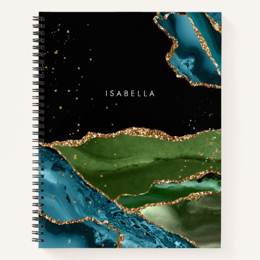 Gepersonaliseerd Aqua/Groen Agate met Gold Glitter Notitieboek (Voorkant)