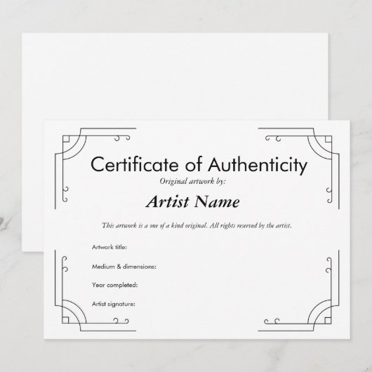 Gepersonaliseerd art Deco-certificaat van echtheid Kaart (Voorkant / Achterkant)