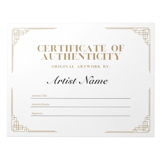 Gepersonaliseerd art Deco-certificaat van echtheid Notitieblok (Voorkant)
