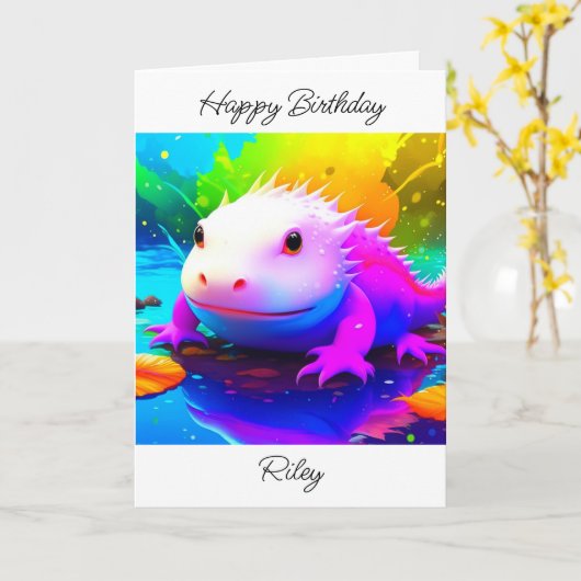 Gepersonaliseerd Axolotl Kind Verjaardag Kaart (Gele Bloem)