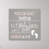 Gepersonaliseerd, baby meisje aankondiging grijs,  canvas afdruk (Voorkant)