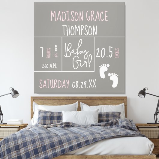 Gepersonaliseerd, baby meisje aankondiging grijs,  canvas afdruk (Insitu (Slaapkamer))