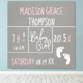 Gepersonaliseerd, baby meisje aankondiging grijs,  canvas afdruk (Insitu (Houten vloer))