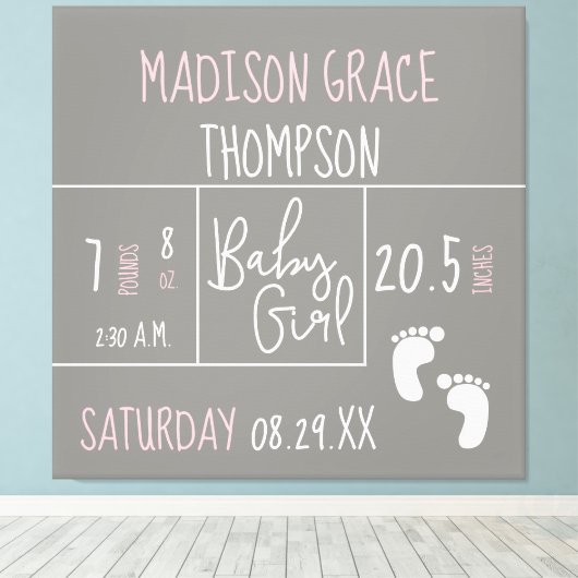 Gepersonaliseerd, baby meisje aankondiging grijs,  canvas afdruk (Insitu (Houten vloer))