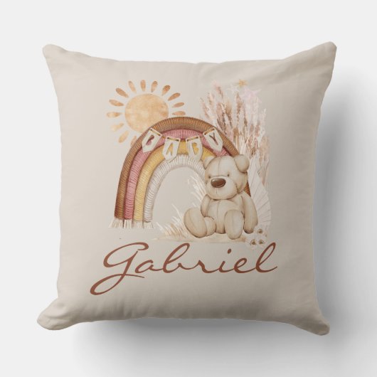 Gepersonaliseerd Baby naam Boho Beer Rainbow Sunsh Kussen (Voorkant)