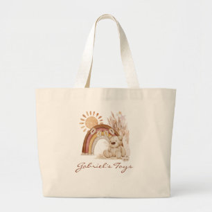 Gepersonaliseerd Baby Naam Boho Teddy Bear Regenbo Grote Tote Bag
