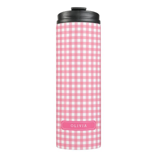 Gepersonaliseerd Baby roze monogram Gingham Thermosbeker (Voorkant)