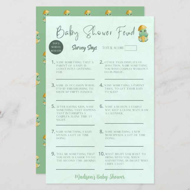 Gepersonaliseerd Baby shower Feud Baby shower spel (Voorkant / Achterkant)