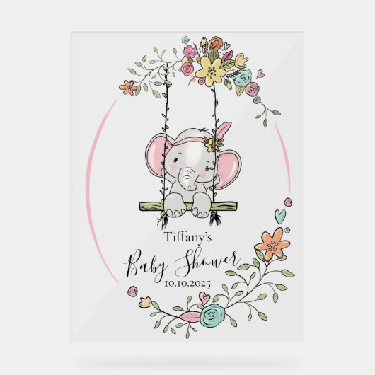Gepersonaliseerd Baby shower met Schattigee olifan Acryl Bord (Voorkant)