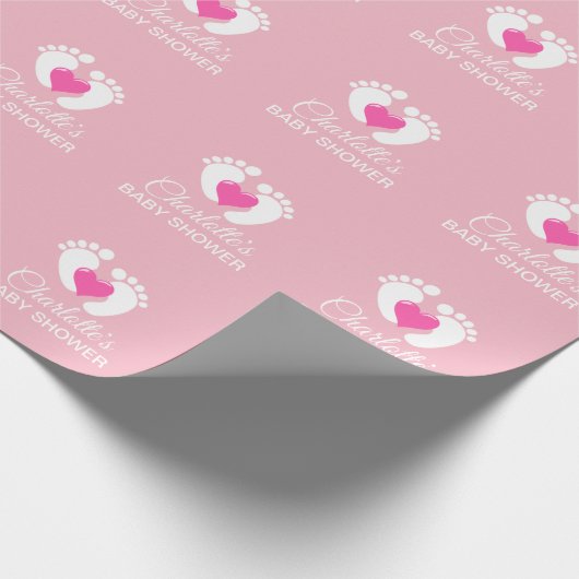 Gepersonaliseerd BABY SHOWER roze voetje hartritme Cadeaupapier (Hoek)