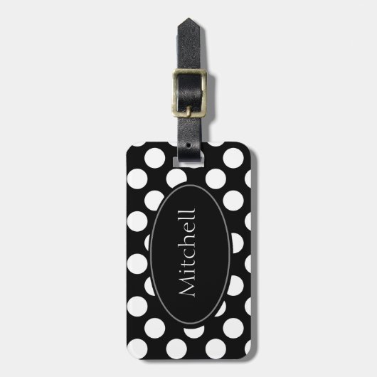 Gepersonaliseerd Bagagelabel zwart-wit poladots (Voorkant verticaal)