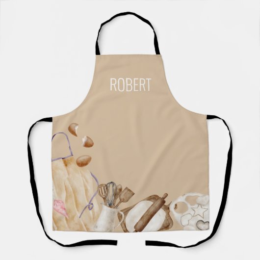 Gepersonaliseerd bakgereedschap, kaki, wit, blauw schort (Voorkant)