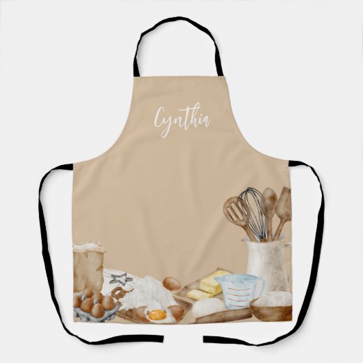 Gepersonaliseerd bakgereedschap, kaki, wit, blauw schort (Voorkant)