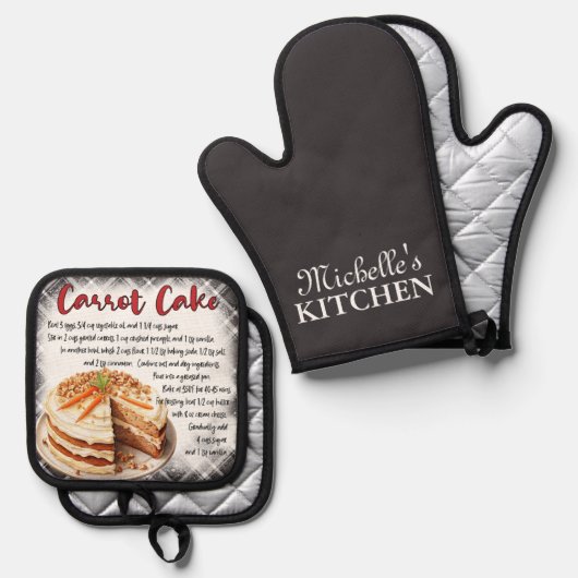 Gepersonaliseerd bakrecept voor worteltaart ovenwant & pannenlap set (Voorkant / Achterkant)