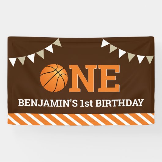 Gepersonaliseerd basketbal 1e verjaardagsfeestje spandoek (Horizontaal)