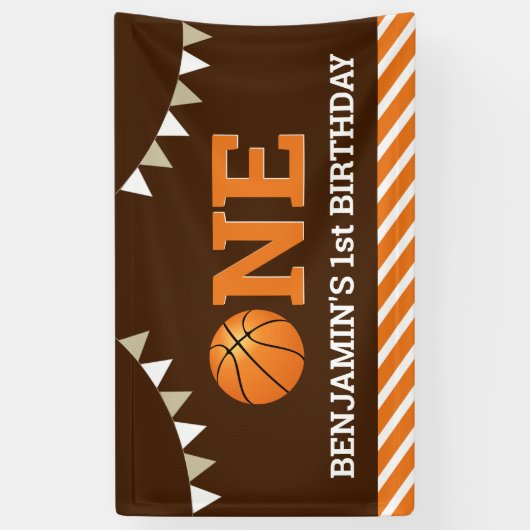 Gepersonaliseerd basketbal 1e verjaardagsfeestje spandoek (Verticaal)