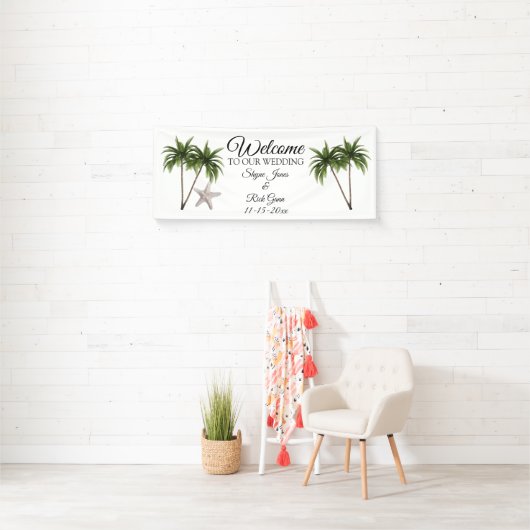 Gepersonaliseerd Beach Palm Trees Wedding Sign Spandoek (Insitu)