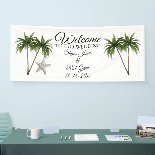 Gepersonaliseerd Beach Palm Trees Wedding Sign Spandoek (Beurs)