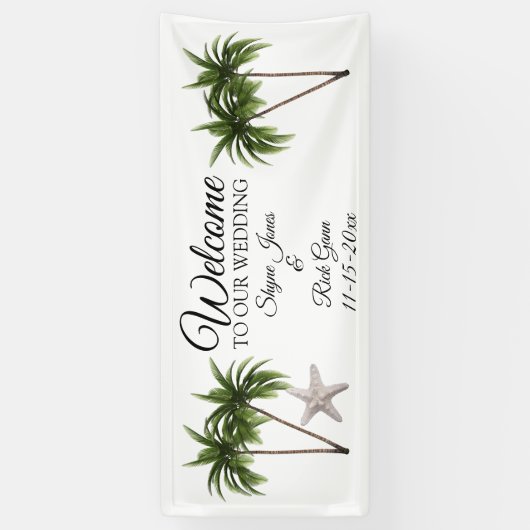 Gepersonaliseerd Beach Palm Trees Wedding Sign Spandoek (Verticaal)