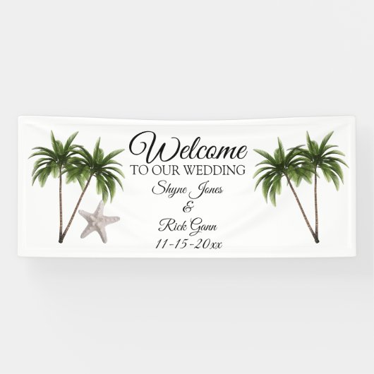 Gepersonaliseerd Beach Palm Trees Wedding Sign Spandoek (Horizontaal)