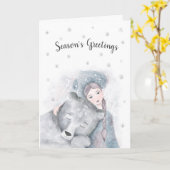 Gepersonaliseerd Beer en meisje kerstmis Kaart (Gele Bloem)