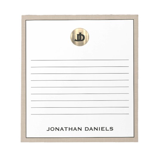 Gepersonaliseerd Beige Linen Monogram Lening Notitieblok (Voorkant)