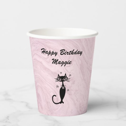 Gepersonaliseerd bekerbekertje met roze retro atoo papieren bekers (Voorkant)