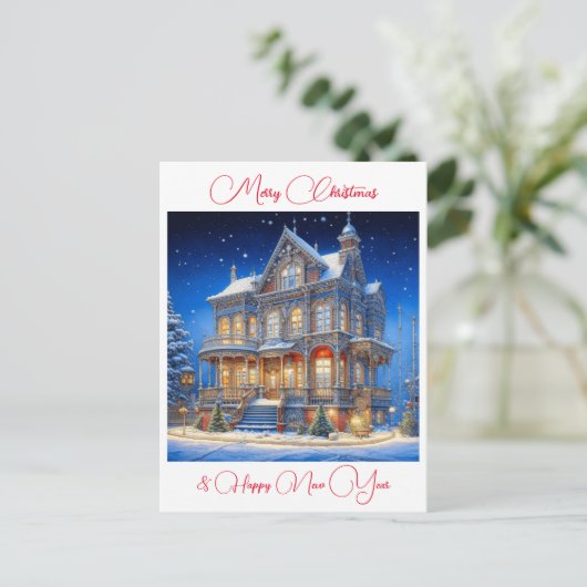 Gepersonaliseerd besneeuwd kersthuis briefkaart (Staand voorkant)